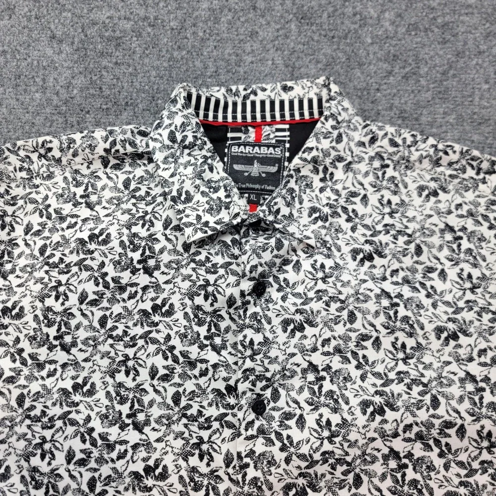 Barabas Mens XL White Black Floral Print Long Sleeve Button Down Cotton Shirt